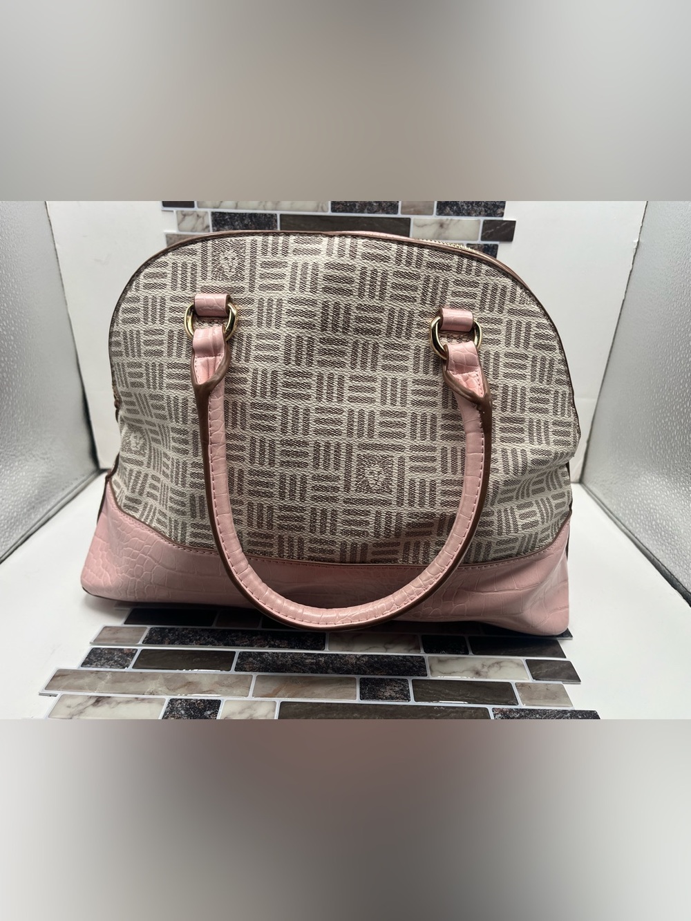 Anne Klein Pink Patterned Dome Satchel with Croc Trim - Picture 7 of 9